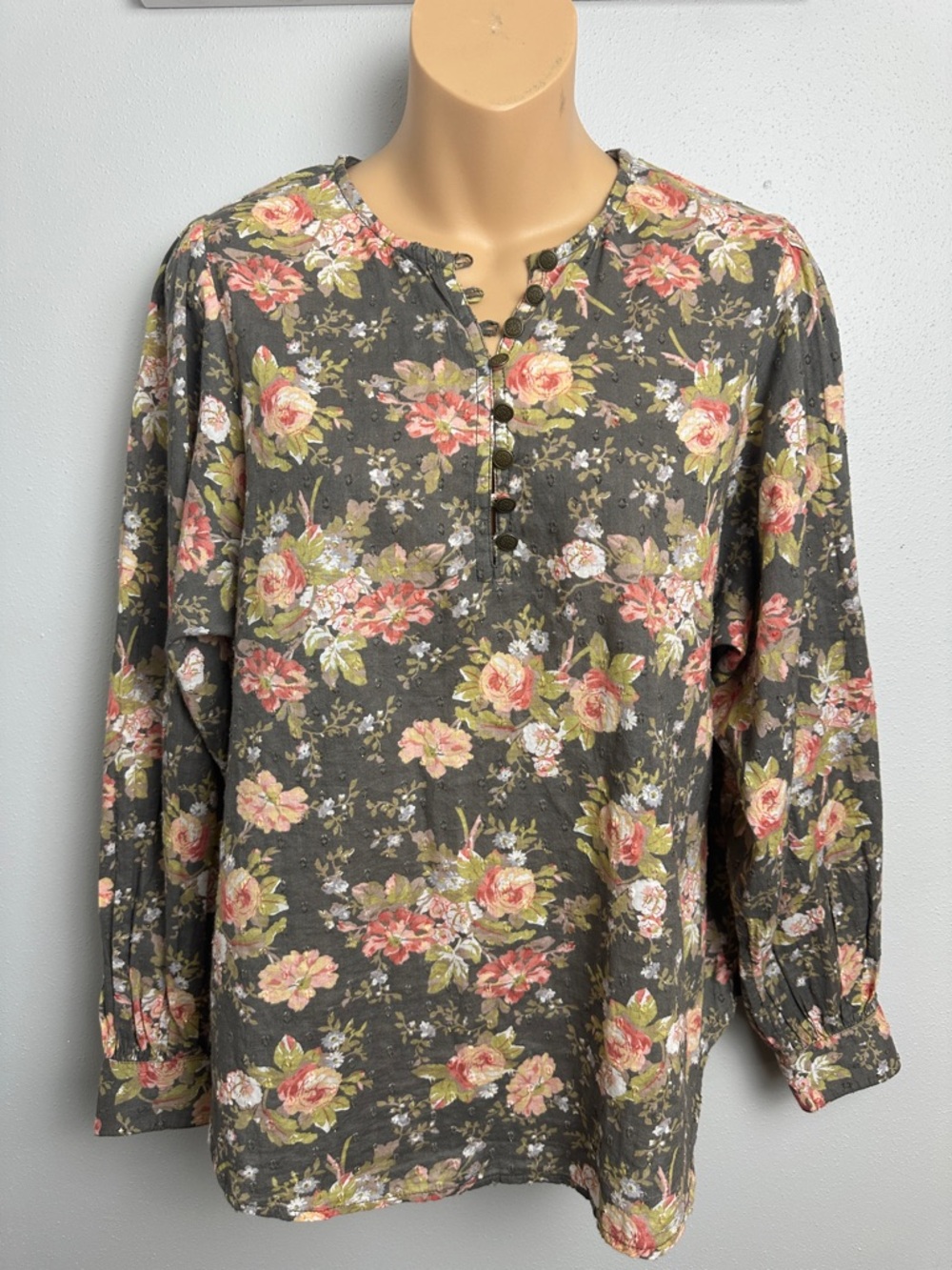Anthropologie Cottagecore Charcoal Floral Button-Front Henley
